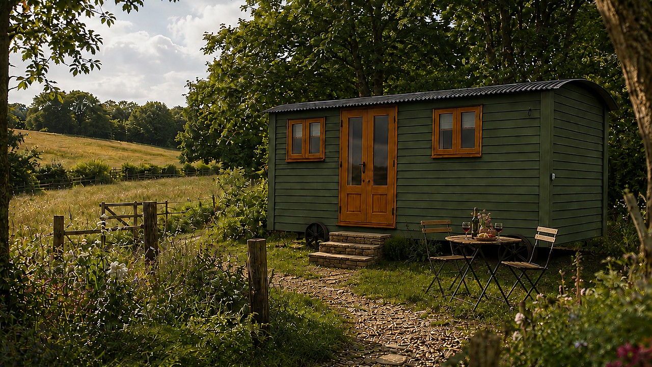 green shepherds hut in a meadow