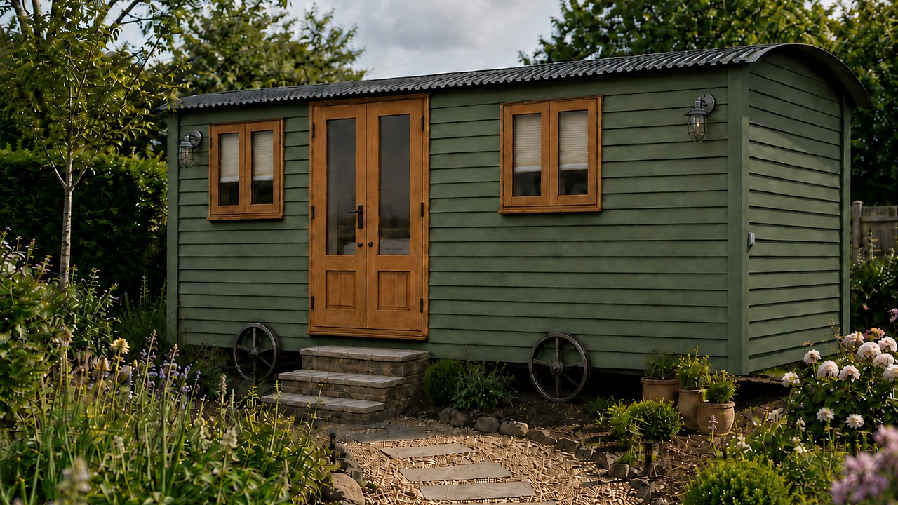 Green shepherds hut in a garden