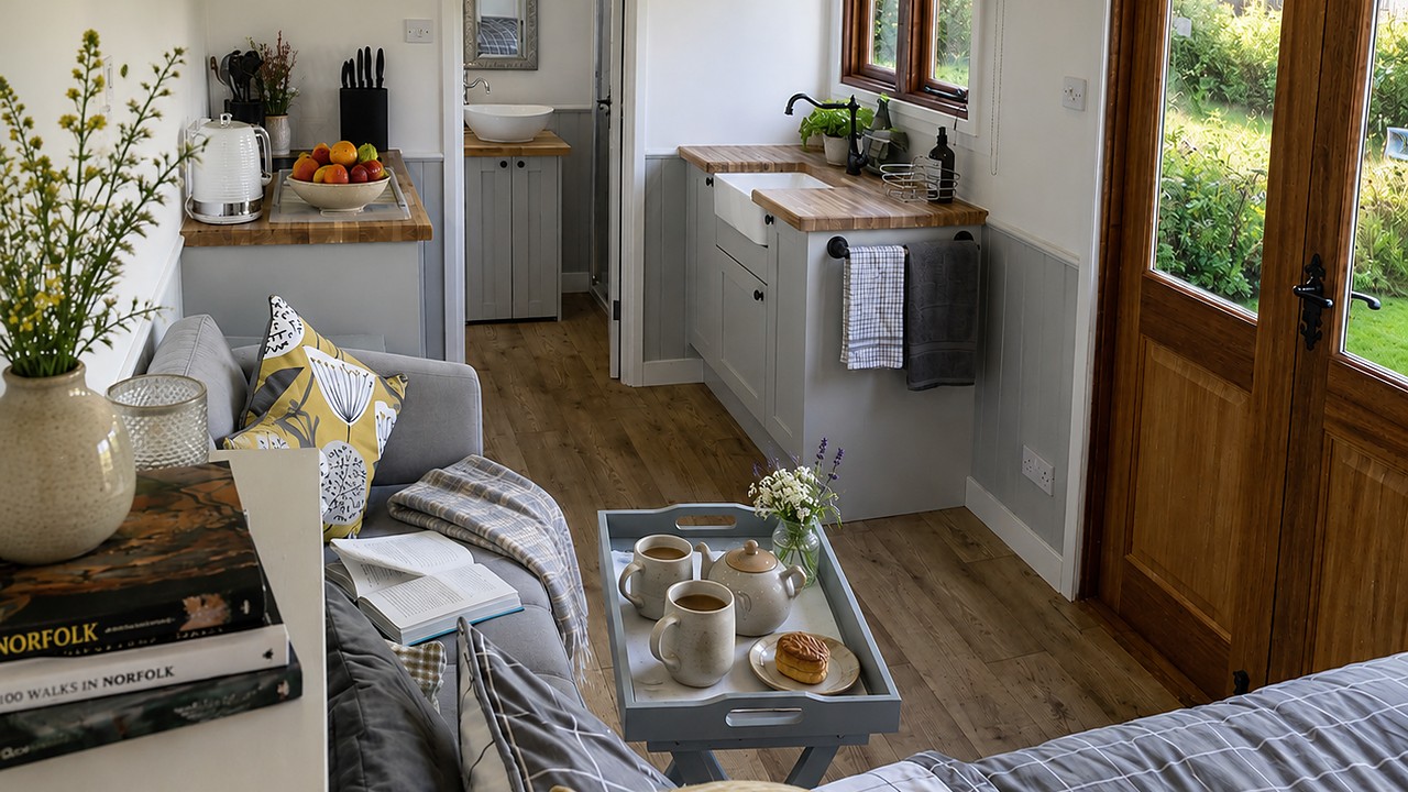 shetland shepherds hut with grey interior